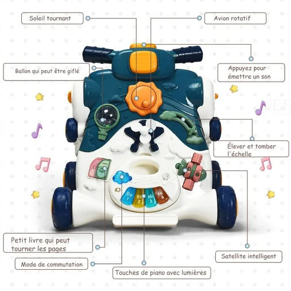 3 en 1 Trotteur Pousseur pour Enfants avec Lumière et Musique Développement de l'intelligence 6-36 Mois Bleu