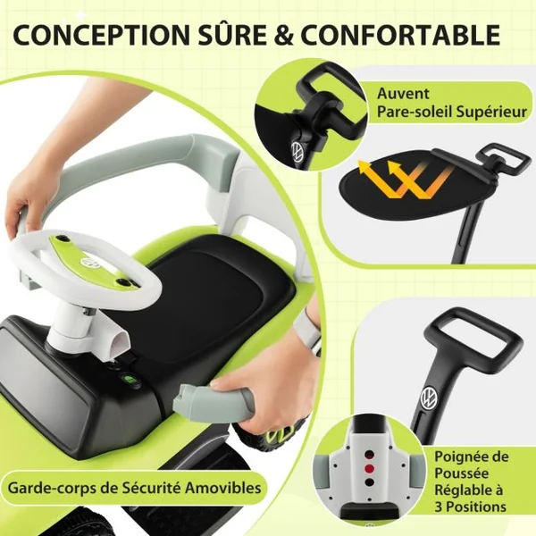 3 en 1Voiture à Pousser Enfants 1-3 Ans avec Poignée Réglable Porteur Bébé avec Auvent et Garde-corps de Sécurité Musique & Klaxon Charge 20kg Vert