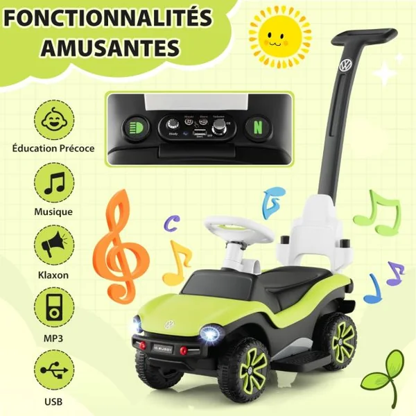 3 en 1Voiture à Pousser Enfants 1-3 Ans avec Poignée Réglable Porteur Bébé avec Auvent et Garde-corps de Sécurité Musique & Klaxon Charge 20kg Vert