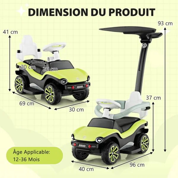 3 en 1Voiture à Pousser Enfants 1-3 Ans avec Poignée Réglable Porteur Bébé avec Auvent et Garde-corps de Sécurité Musique & Klaxon Charge 20kg Vert