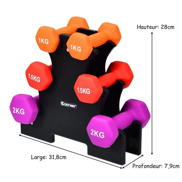 3 Paires d’Haltères avec Support de Stockage 2x1kg Orange + 2x15kg Rouge + 2x2kg Violet Poignée Ergonomique en Fer