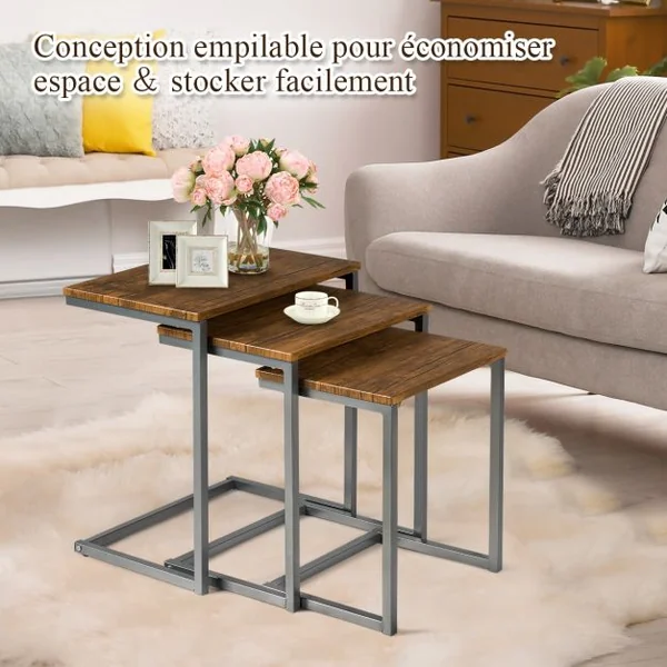 3 Tables Basses Gigognes Cadre en C Style Vintage en Mdf et Acier 50x35x55cm /44x33x50cm /38x31x45cm Brun Foncé