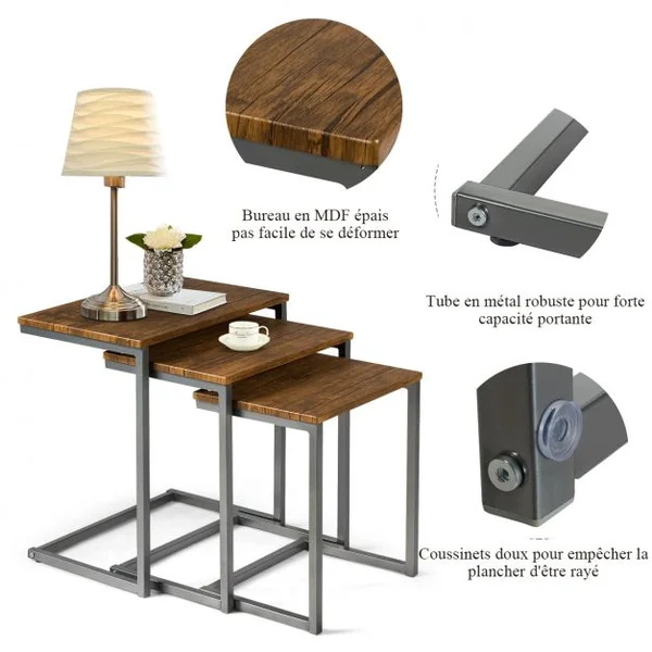 3 Tables Basses Gigognes Cadre en C Style Vintage en Mdf et Acier 50x35x55cm /44x33x50cm /38x31x45cm Brun Foncé