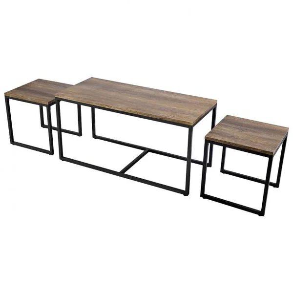 3 Tables Basses Gigognes Style Vintage Industriel en Mdf et Métal 90x44x50cm/lot de 2 Tables 40x39x40cm Naturel+Noir