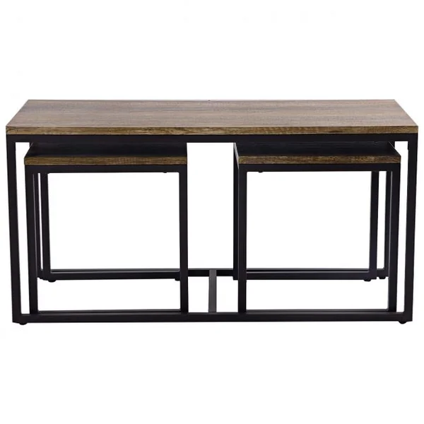 3 Tables Basses Gigognes Style Vintage Industriel en Mdf et Métal 90x44x50cm/lot de 2 Tables 40x39x40cm Naturel+Noir