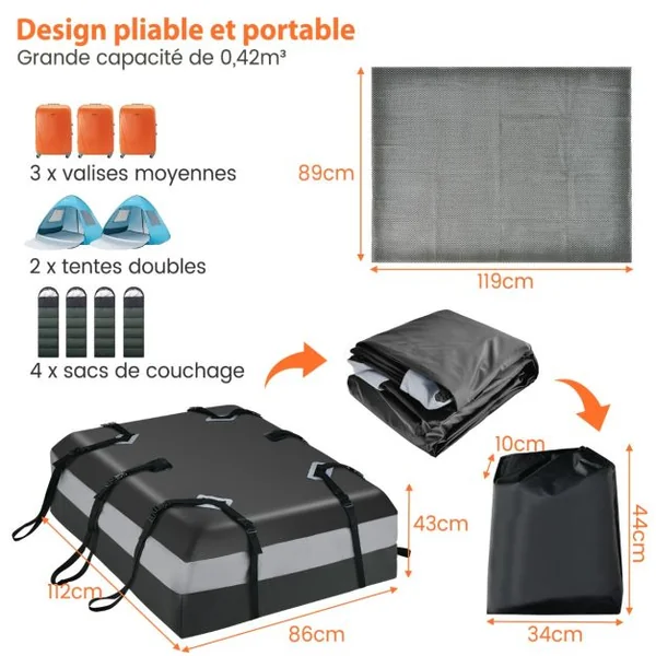 424L Sac pour toit de voiture Transporteur de fret de toit Sac de bagages étanche avec Serrure Gris/Orange