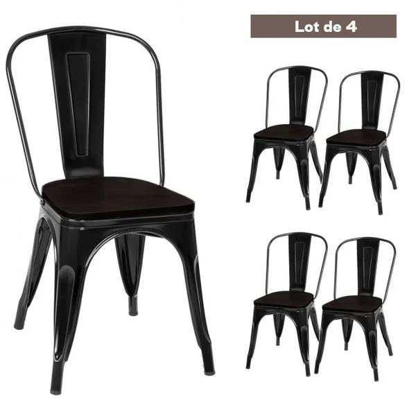 4 Chaises Salle à Manger Empilables Style Industriel en Acier 51x44x85,5cm Noir