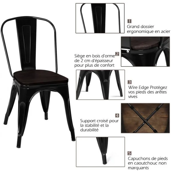4 Chaises Salle à Manger Empilables Style Industriel en Acier 51x44x85,5cm Noir