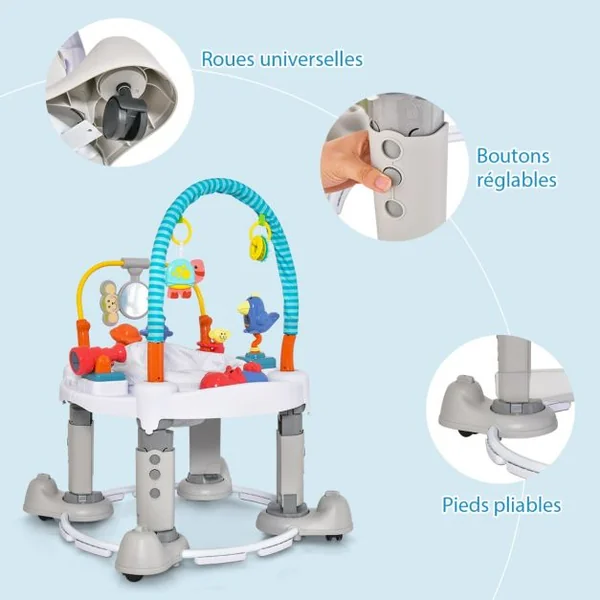 4 en 1 Aire d'éveil à Rebonds Bébé avec 3 Hauteurs Réglables 3 Modes Jumperoo Jungle Trotteur Bébé avec Siège Rotatif 360°Charge 11kg Gris