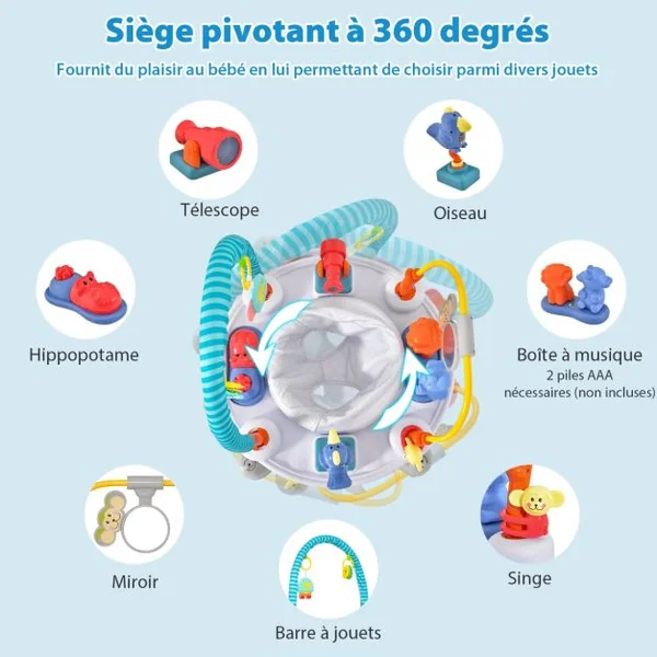 4 en 1 Aire d'éveil à Rebonds Bébé avec 3 Hauteurs Réglables 3 Modes Jumperoo Jungle Trotteur Bébé avec Siège Rotatif 360°Charge 11kg Gris