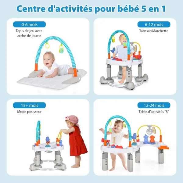 4 en 1 Aire d'éveil à Rebonds Bébé avec 3 Hauteurs Réglables 3 Modes Jumperoo Jungle Trotteur Bébé avec Siège Rotatif 360°Charge 11kg Gris