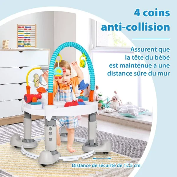 4 en 1 Aire d'éveil à Rebonds Bébé avec 3 Hauteurs Réglables 3 Modes Jumperoo Jungle Trotteur Bébé avec Siège Rotatif 360°Charge 11kg Gris