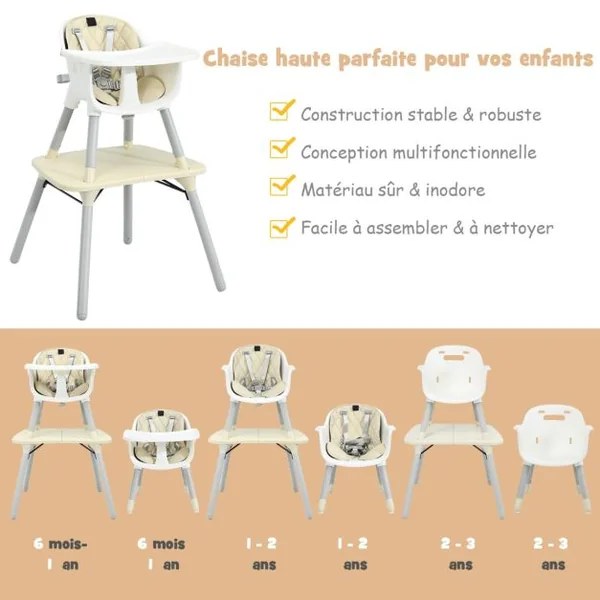 4 en 1 Chaise Haute Bébé Convertible avec Plateau Amovible & Réglable Chaise de Repos Bébé avec Harnais à 5 Points Structure Pyramidale Solide 6 Mois-3 Ans Beige