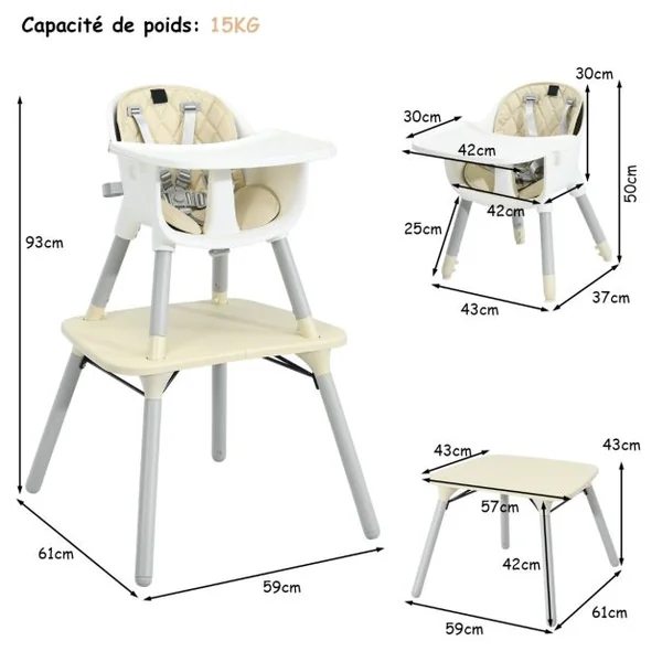 4 en 1 Chaise Haute Bébé Convertible avec Plateau Amovible & Réglable Chaise de Repos Bébé avec Harnais à 5 Points Structure Pyramidale Solide 6 Mois-3 Ans Beige