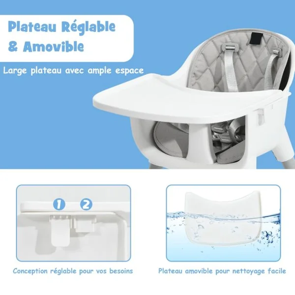 4 en 1 Chaise Haute Bébé Convertible avec Plateau Amovible & Réglable Chaise de Repos Bébé avec Harnais à 5 Points Structure Pyramidale Solide 6 Mois-3 Ans Gris