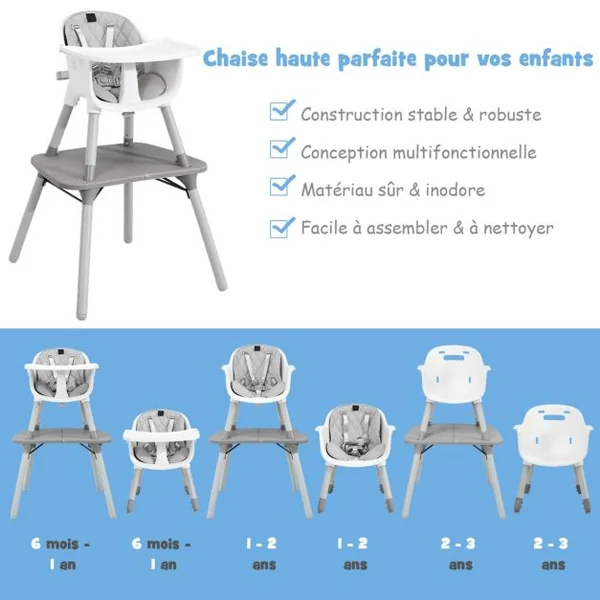 4 en 1 Chaise Haute Bébé Convertible avec Plateau Amovible & Réglable Chaise de Repos Bébé avec Harnais à 5 Points Structure Pyramidale Solide 6 Mois-3 Ans Gris