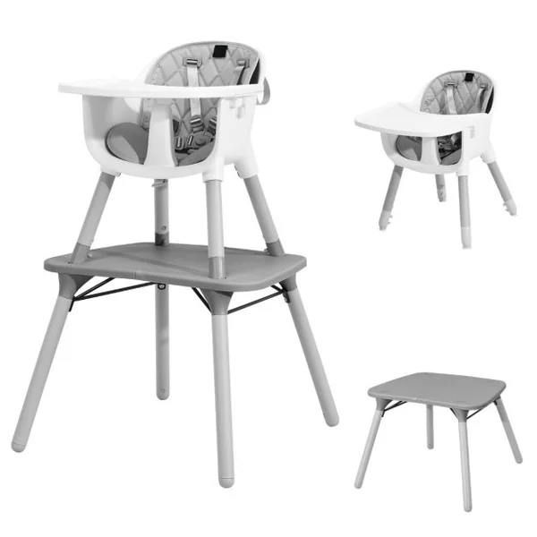 4 en 1 Chaise Haute Bébé Convertible avec Plateau Amovible & Réglable Chaise de Repos Bébé avec Harnais à 5 Points Structure Pyramidale Solide 6 Mois-3 Ans Gris