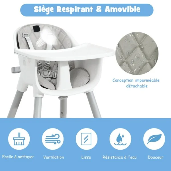 4 en 1 Chaise Haute Bébé Convertible avec Plateau Amovible & Réglable Chaise de Repos Bébé avec Harnais à 5 Points Structure Pyramidale Solide 6 Mois-3 Ans Gris