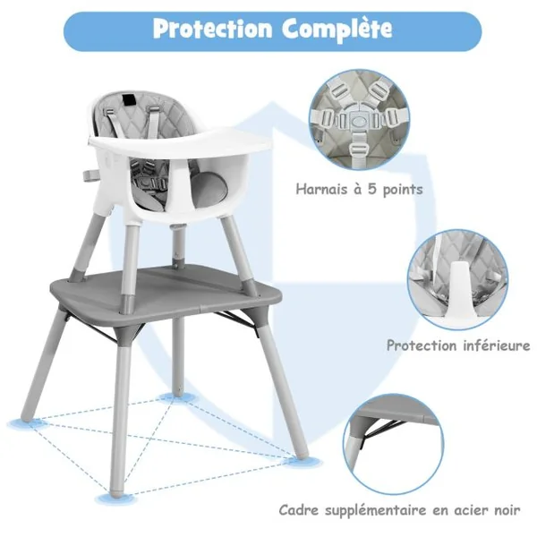 4 en 1 Chaise Haute Bébé Convertible avec Plateau Amovible & Réglable Chaise de Repos Bébé avec Harnais à 5 Points Structure Pyramidale Solide 6 Mois-3 Ans Gris