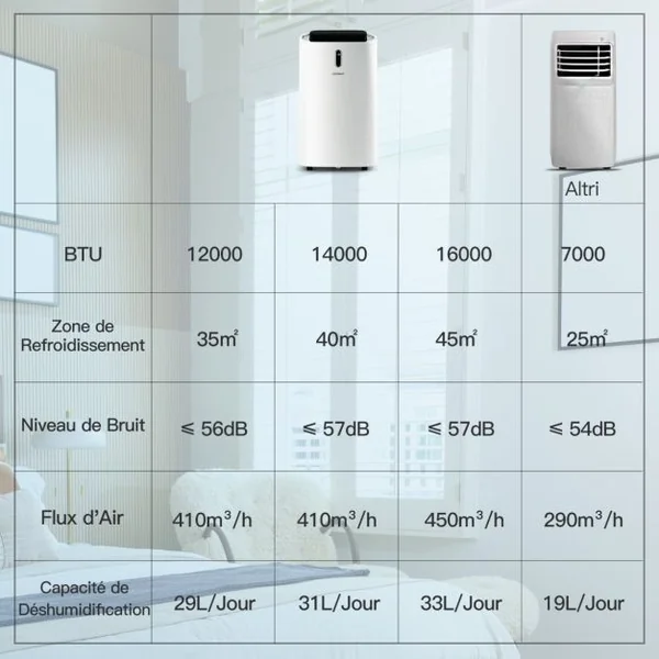 4 en 1 Climatiseur 16 à 32℃ 14000BTU R290 3 Modes Ventilateur Déshumidificateur et Rafraîchisseur Jusqu'à 40㎡ Classe Énergétique A