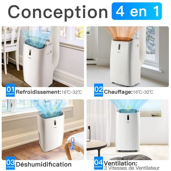 4 en 1 Climatiseur 16 à 32℃ 14000BTU R290 3 Modes Ventilateur Déshumidificateur et Rafraîchisseur Jusqu'à 40㎡ Classe Énergétique A