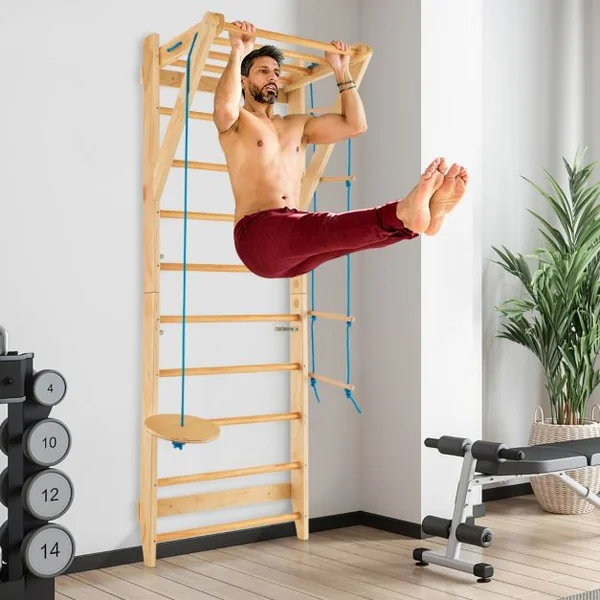 4 en 1 Espalier en Bois avec 8 Barres pour Exercicer à Domicile 80 X 60 X 220 CM Charge 100 KG 12 Accessoires Inclus