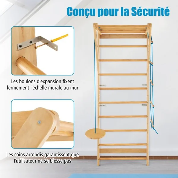 4 en 1 Espalier en Bois avec 8 Barres pour Exercicer à Domicile 80 X 60 X 220 CM Charge 100 KG 12 Accessoires Inclus