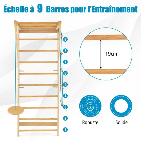 4 en 1 Espalier en Bois avec 8 Barres pour Exercicer à Domicile 80 X 60 X 220 CM Charge 100 KG 12 Accessoires Inclus