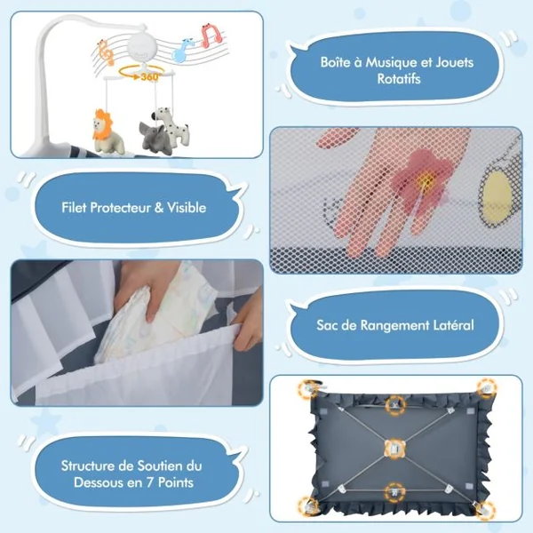 4 en 1 Lit Parapluie Bébé avec Matelas et Filet Détachable Lit Bébé Evolutif avec Table à Langer, Style Princesse Boîte à Musique et Jouets pour Bébé de 0-3 Ans Gris