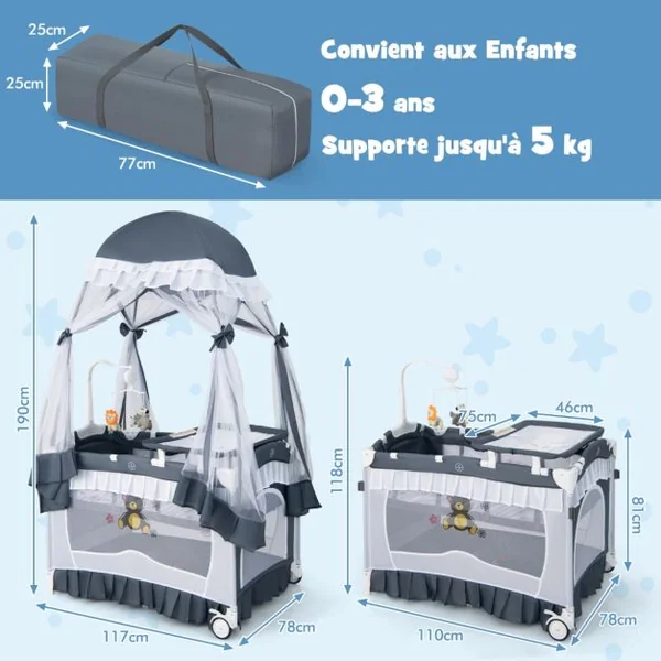 4 en 1 Lit Parapluie Bébé avec Matelas et Filet Détachable Lit Bébé Evolutif avec Table à Langer, Style Princesse Boîte à Musique et Jouets pour Bébé de 0-3 Ans Gris