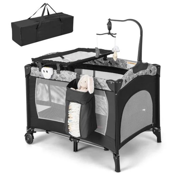 4 en 1 Lit Parapluie Bébé avec Matelas & Table à Langer Lit Bébé Evolutif avec 3 Jouets Mignons & Boîte à Musique Charge 9kg pour 0-36 Mois