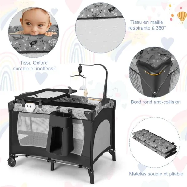 4 en 1 Lit Parapluie Bébé avec Matelas & Table à Langer Lit Bébé Evolutif avec 3 Jouets Mignons & Boîte à Musique Charge 9kg pour 0-36 Mois