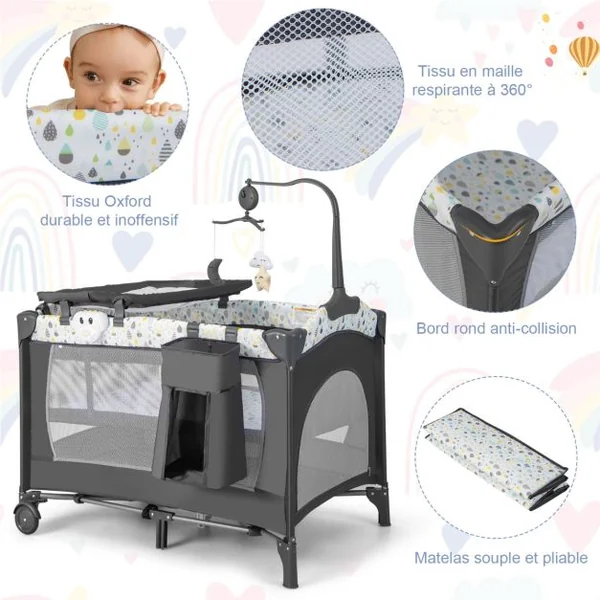 4 en 1 Lit Parapluie Bébé avec Matelas & Table à Langer Lit Bébé Evolutif avec Sac de Transport 102x72cm Charge 9kg pour 0-36 Mois Beige
