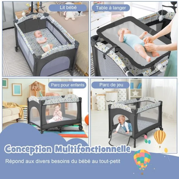 4 en 1 Lit Parapluie Bébé avec Matelas & Table à Langer Lit Bébé Evolutif avec Sac de Transport 102x72cm Charge 9kg pour 0-36 Mois Beige