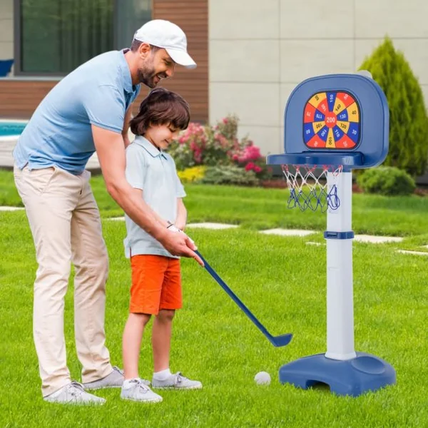 4 en 1 Panier de Basketball Enfants avec Hauteur Réglable(100-140cm) Support de Basket-ball en HDPE & Golf avec Accessoires Riches pour Garçons Filles de 3 Ans+