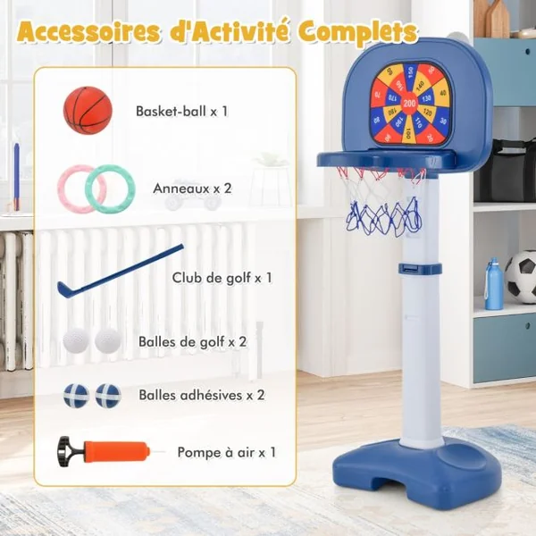 4 en 1 Panier de Basketball Enfants avec Hauteur Réglable(100-140cm) Support de Basket-ball en HDPE & Golf avec Accessoires Riches pour Garçons Filles de 3 Ans+