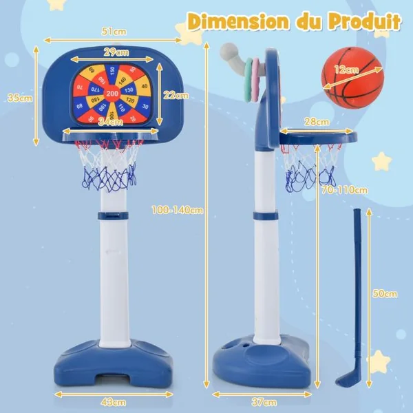 4 en 1 Panier de Basketball Enfants avec Hauteur Réglable(100-140cm) Support de Basket-ball en HDPE & Golf avec Accessoires Riches pour Garçons Filles de 3 Ans+
