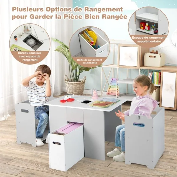 4 en 1 Table Enfants avec 2 Chaises Table d'activités avec Banc de Rangement & Couvercle Amovible Charge 30kg pour Enfants de 3 Ans+