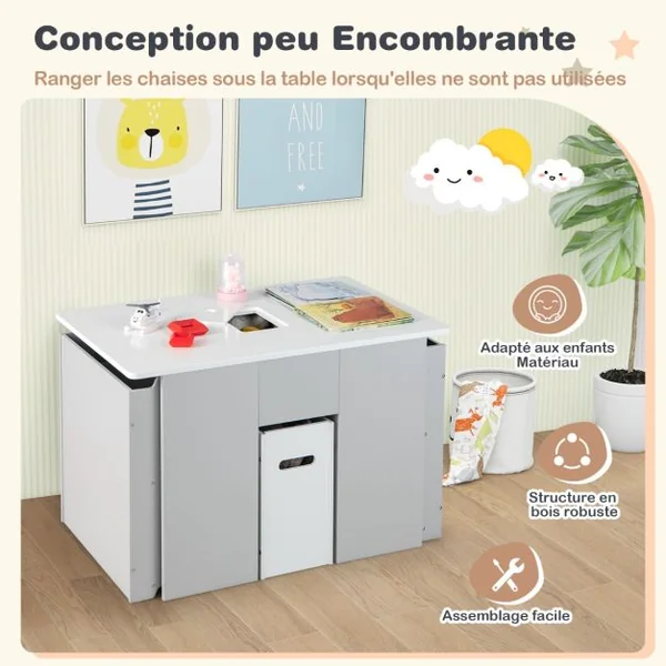 4 en 1 Table Enfants avec 2 Chaises Table d'activités avec Banc de Rangement & Couvercle Amovible Charge 30kg pour Enfants de 3 Ans+