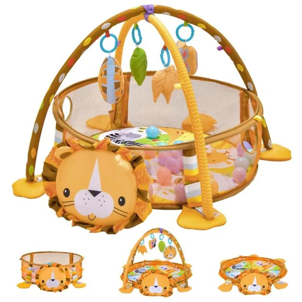4 en 1 Tapis d'Éveil Bébé en Forme Lion avec 4 Jouets Suspendus et 30 Balles Filet de Protection 76 x 76 x 50 cm Cadeau Jouets