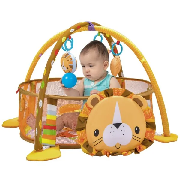 4 en 1 Tapis d'Éveil Bébé en Forme Lion avec 4 Jouets Suspendus et 30 Balles Filet de Protection 76 x 76 x 50 cm Cadeau Jouets
