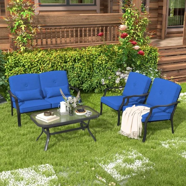 4 Pcs Salon de Jardin en Métal Table Basse en Verre Trempé 2 Chaises Simples Canapé Double 4 Coussins 2 Oreillers Gris/Bleu