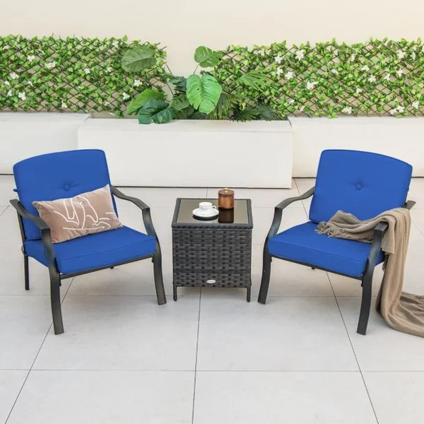 4 Pcs Salon de Jardin en Métal Table Basse en Verre Trempé 2 Chaises Simples Canapé Double 4 Coussins 2 Oreillers Gris/Bleu