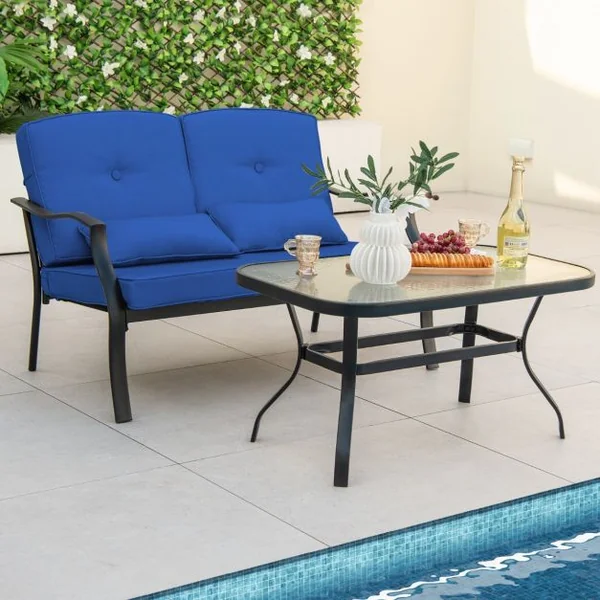 4 Pcs Salon de Jardin en Métal Table Basse en Verre Trempé 2 Chaises Simples Canapé Double 4 Coussins 2 Oreillers Gris/Bleu