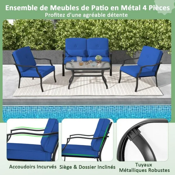 4 Pcs Salon de Jardin en Métal Table Basse en Verre Trempé 2 Chaises Simples Canapé Double 4 Coussins 2 Oreillers Gris/Bleu