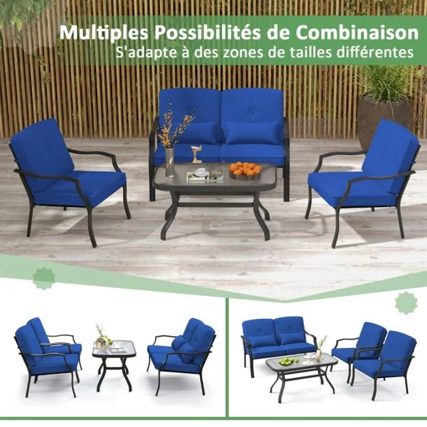 4 Pcs Salon de Jardin en Métal Table Basse en Verre Trempé 2 Chaises Simples Canapé Double 4 Coussins 2 Oreillers Gris/Bleu