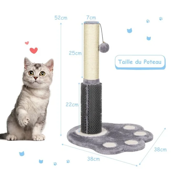 52 CM Poteau Griffoir pour Chat avec Colonne en Sisal Naturel Plaque de Massage Boule Suspendue et Jolie Plate-forme Gris