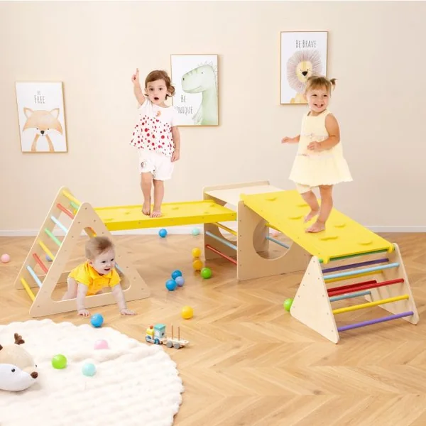 5 en 1 Aire de Jeux d’Escalade Montessori avec 2 Toboggans Réversibles Triangle d'Escalade en Bois Enfants avec Cadre Solide Charge 60kg