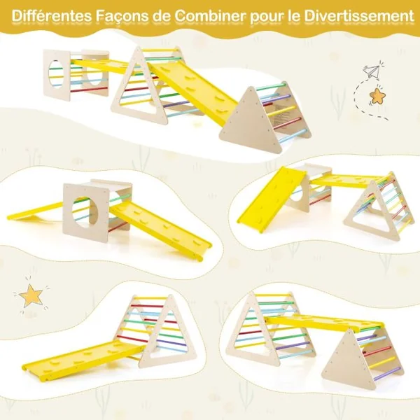 5 en 1 Aire de Jeux d’Escalade Montessori avec 2 Toboggans Réversibles Triangle d'Escalade en Bois Enfants avec Cadre Solide Charge 60kg