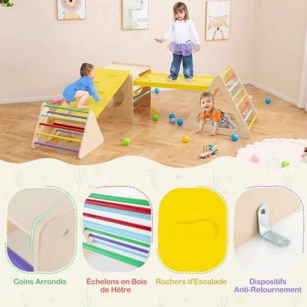 5 en 1 Aire de Jeux d’Escalade Montessori avec 2 Toboggans Réversibles Triangle d'Escalade en Bois Enfants avec Cadre Solide Charge 60kg